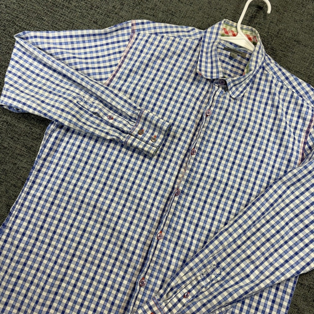 Johnston & Murphy Button Down Mens L Blue Gingham Slim Fit Contrast Stitching